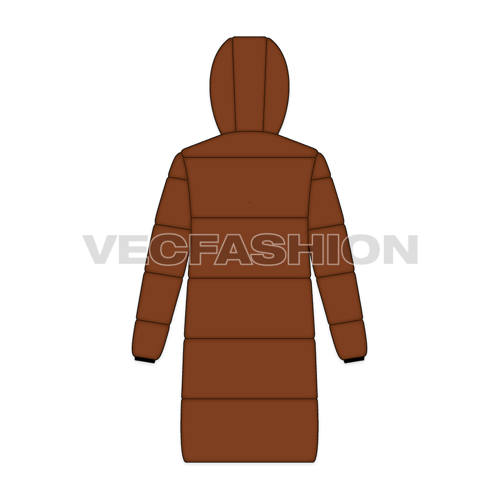 Mens Puffer Jacket with Oversized Hood flat sketch, back view