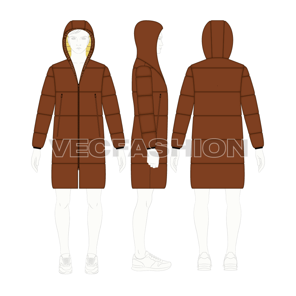 Mens Puffer Jacket with Oversized Hood flat sketch, croqui sketch