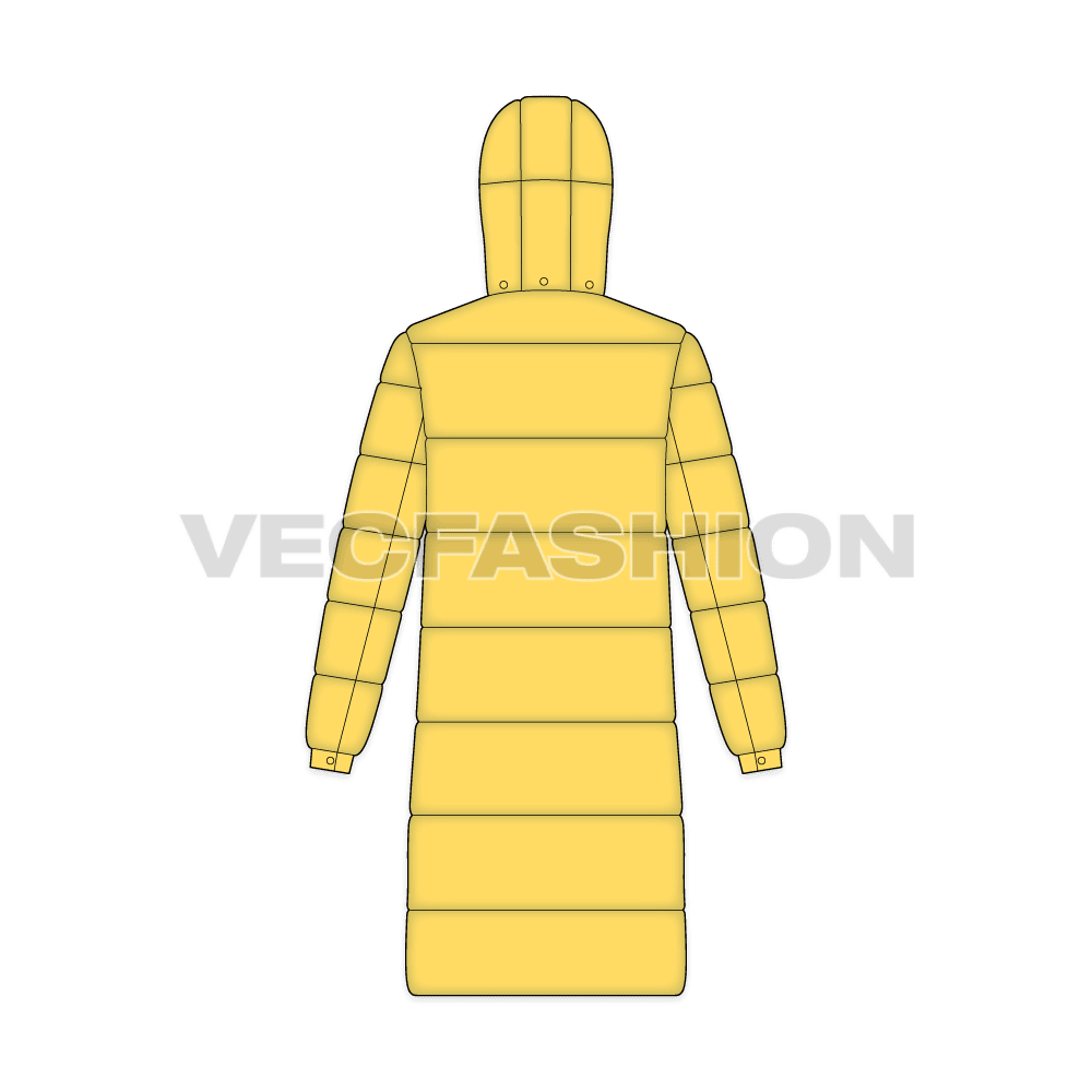 Mens Puffer Long Coat flat sketch, back view