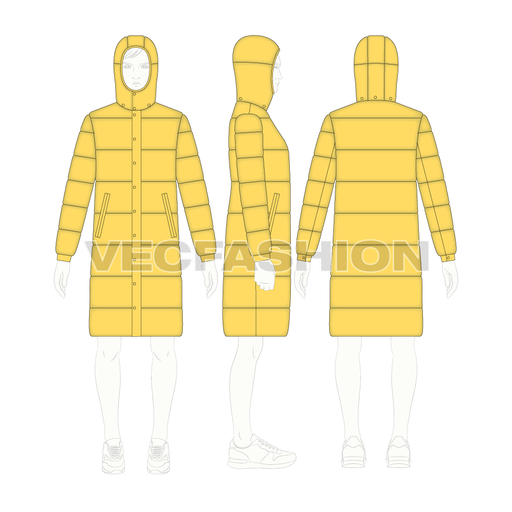 Mens Puffer Long Coat flat sketch, croqui sketch