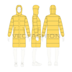 Mens Puffer Long Coat flat sketch, croqui sketch