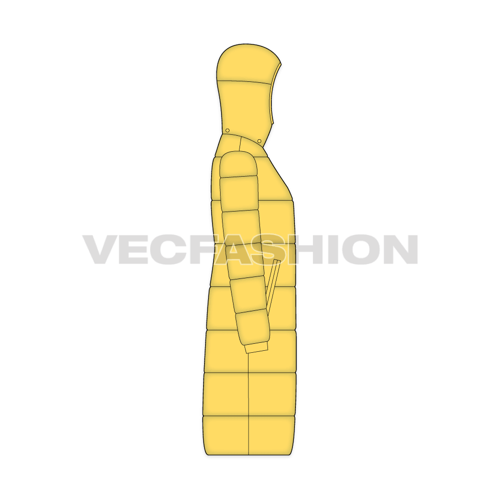 Mens Puffer Long Coat flat sketch, side view