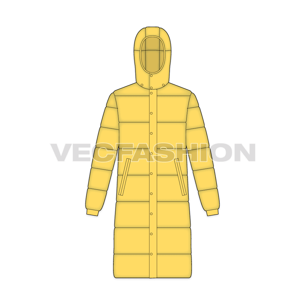 Mens Puffer Long Coat flat sketch, front view