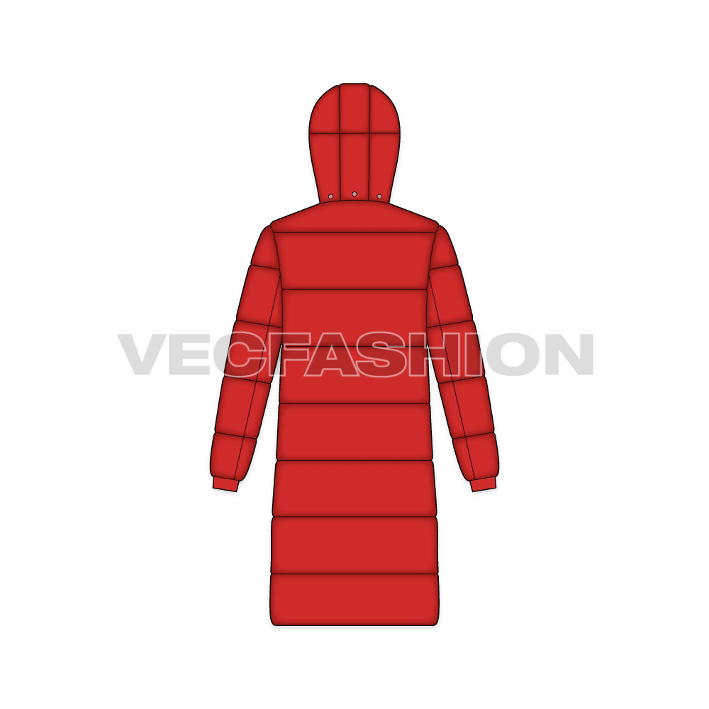 Mens Long Puffer Coat flat sketch, back view