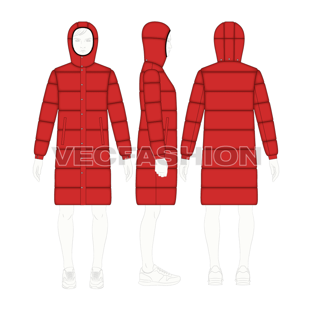 Mens Long Puffer Coat flat sketch, croqui sketch