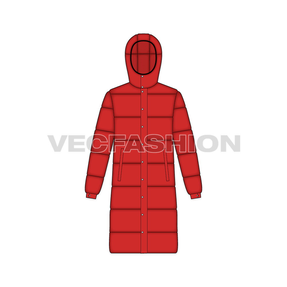Mens Long Puffer Coat flat sketch, front view