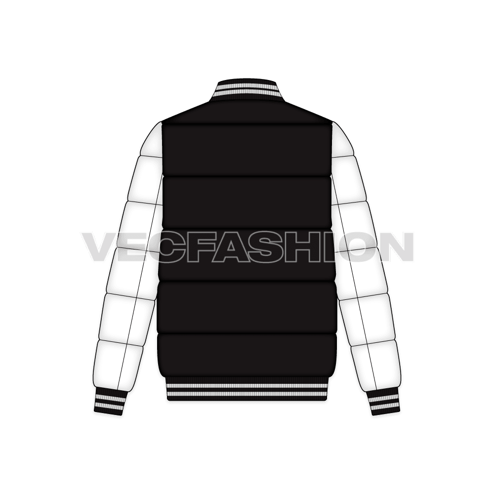 Mens Puffer Varsity Jacket flat sketch, back view