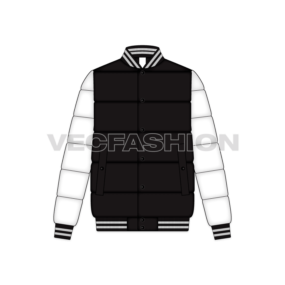 Mens Puffer Varsity Jacket flat sketch, front view