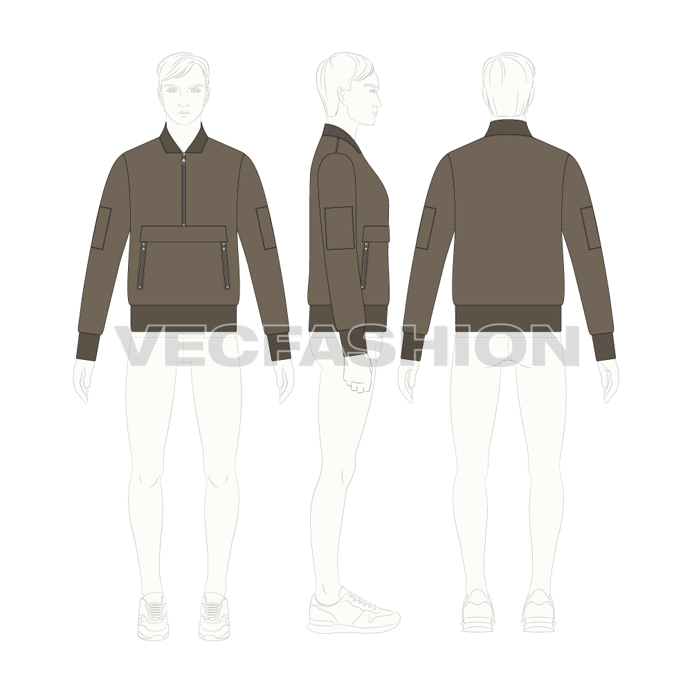 Mens Pullover Bomber Jacket flat sketch, croqui sketch