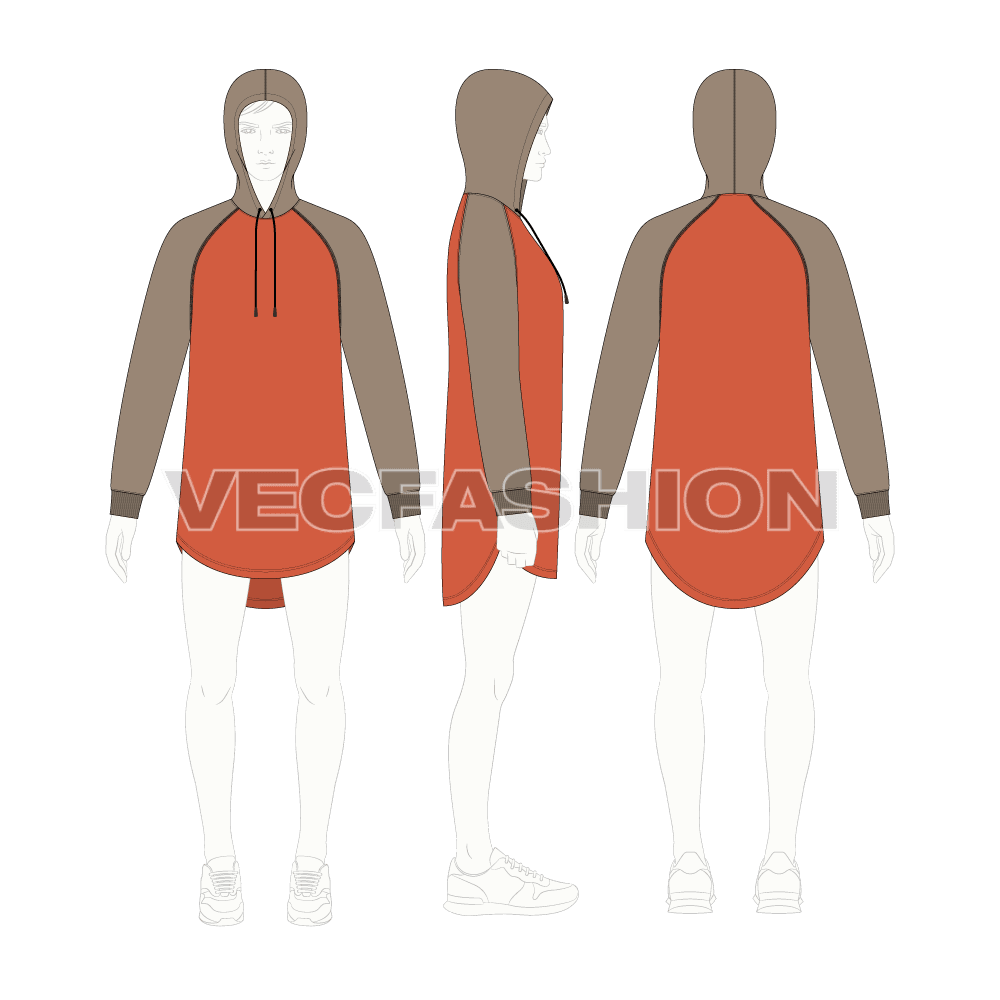 Mens pullover hoodie with round hem flat sketch, croqui sketch