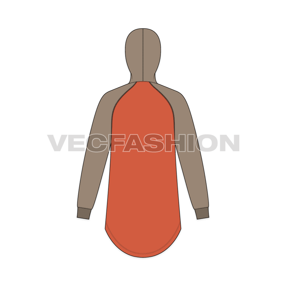 Mens pullover hoodie with round hem flat sketch, back view