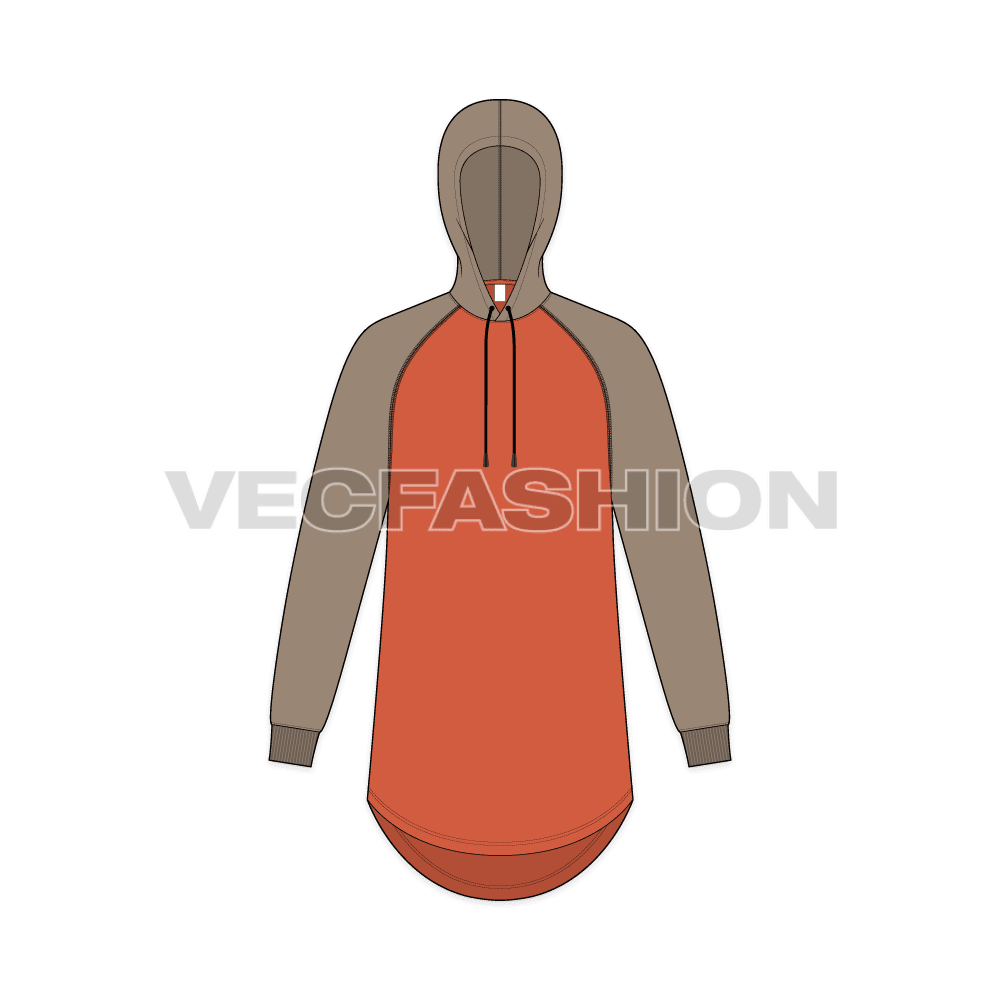 Mens pullover hoodie with round hem flat sketch, front view