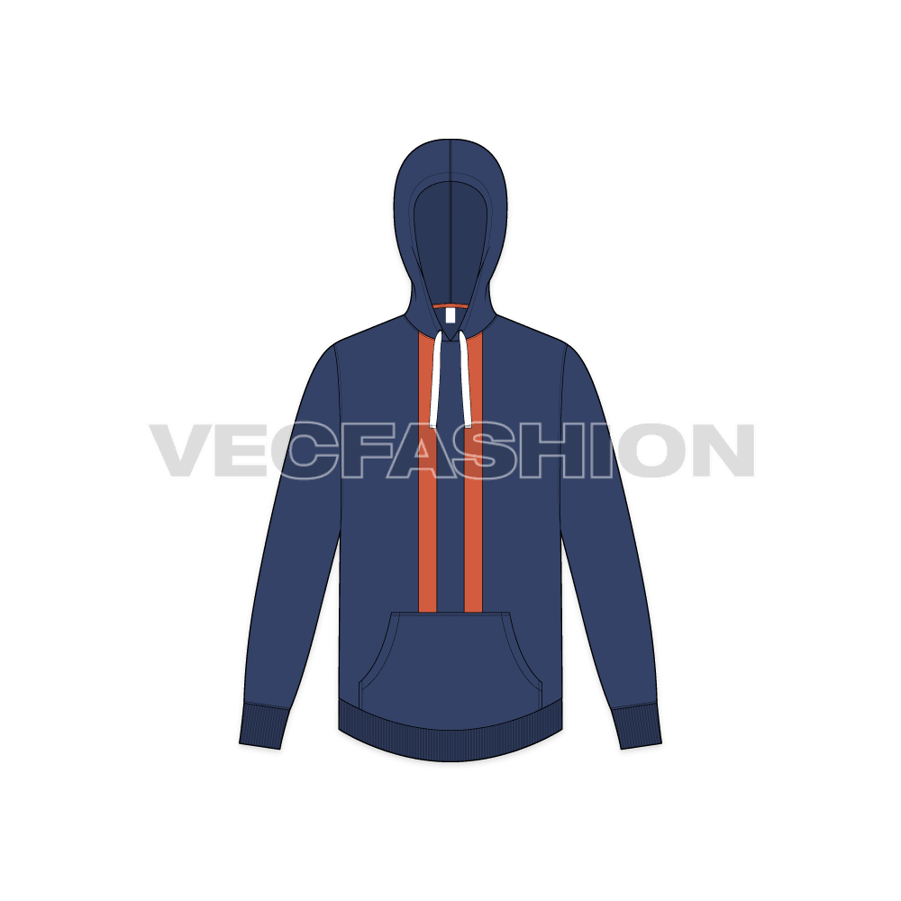 Mens pullover with oversized hood flat sketch, front view