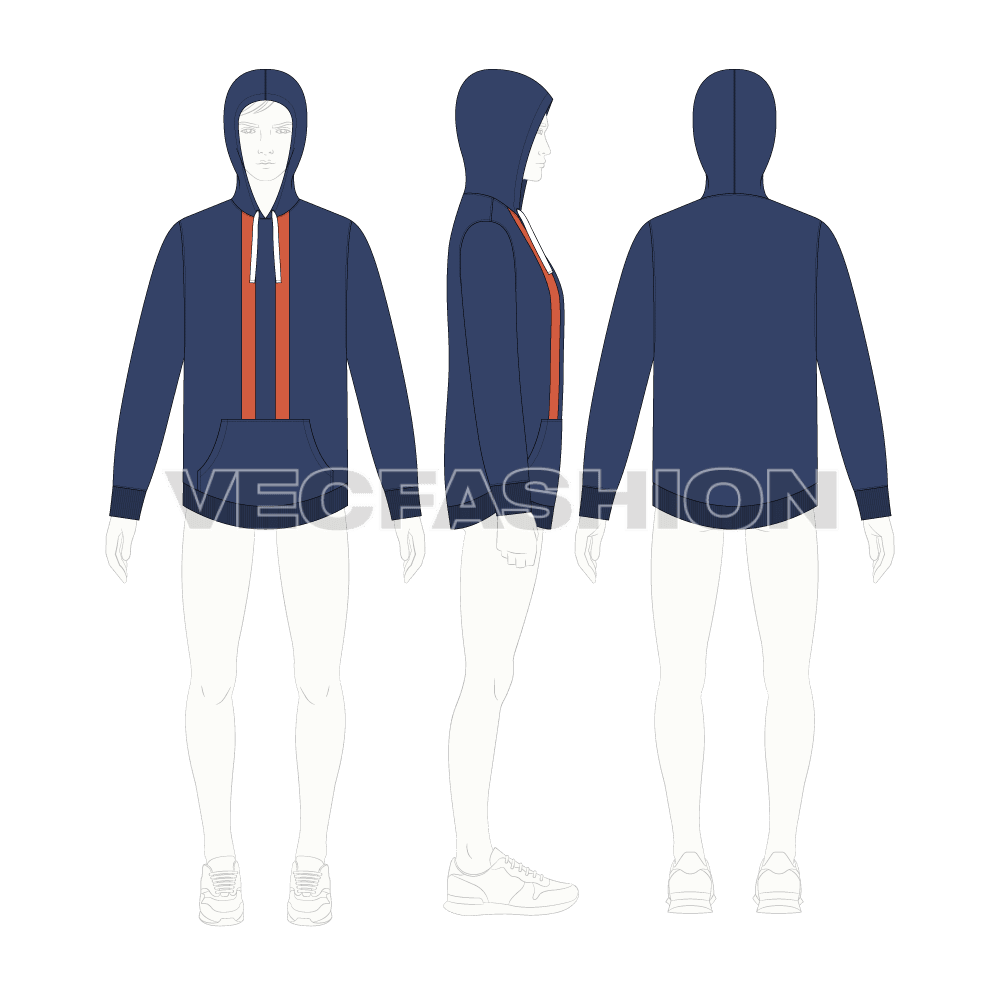 Mens pullover with oversized hood flat sketch, croqui sketch