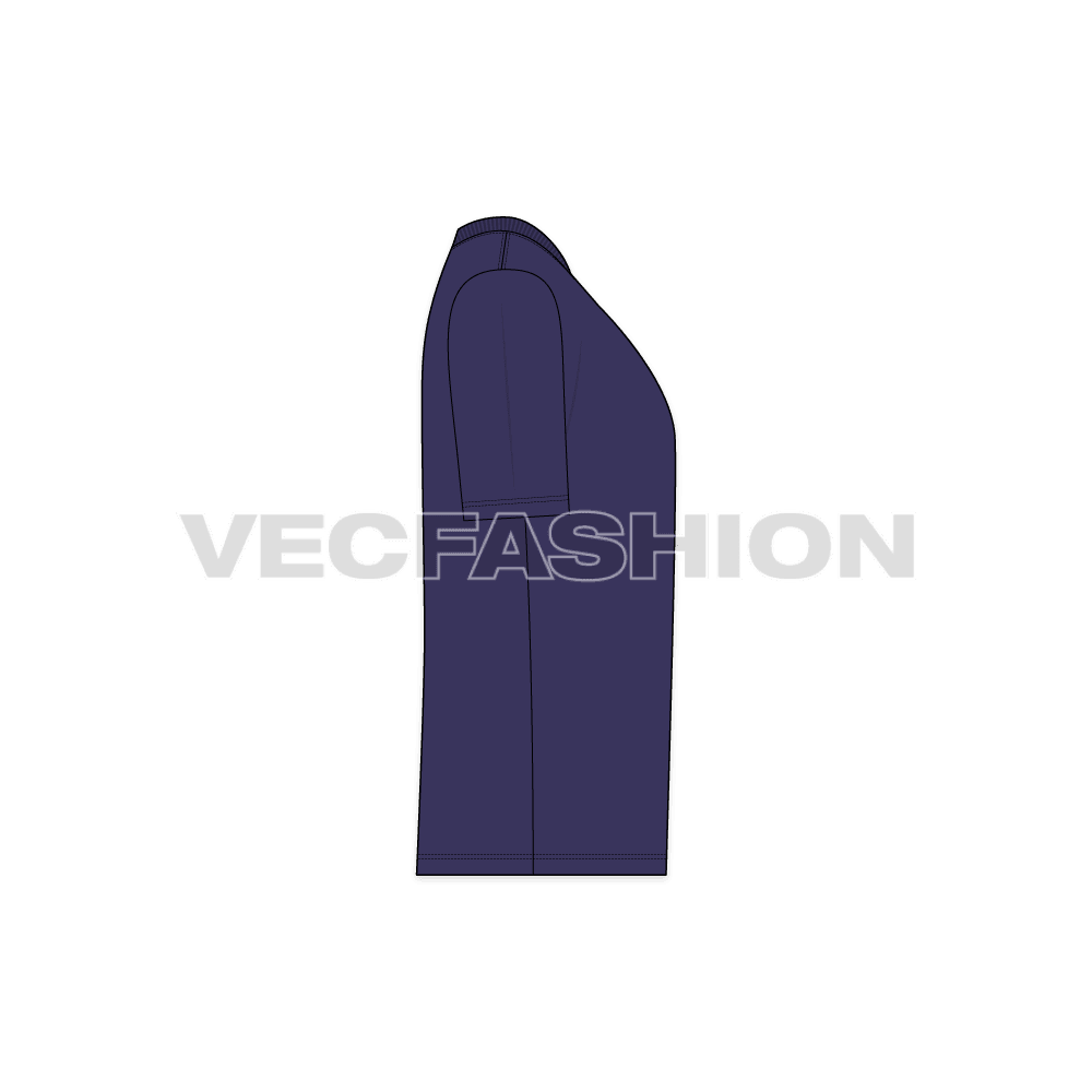 Mens purple v neck t-shirt flat sketch, side view