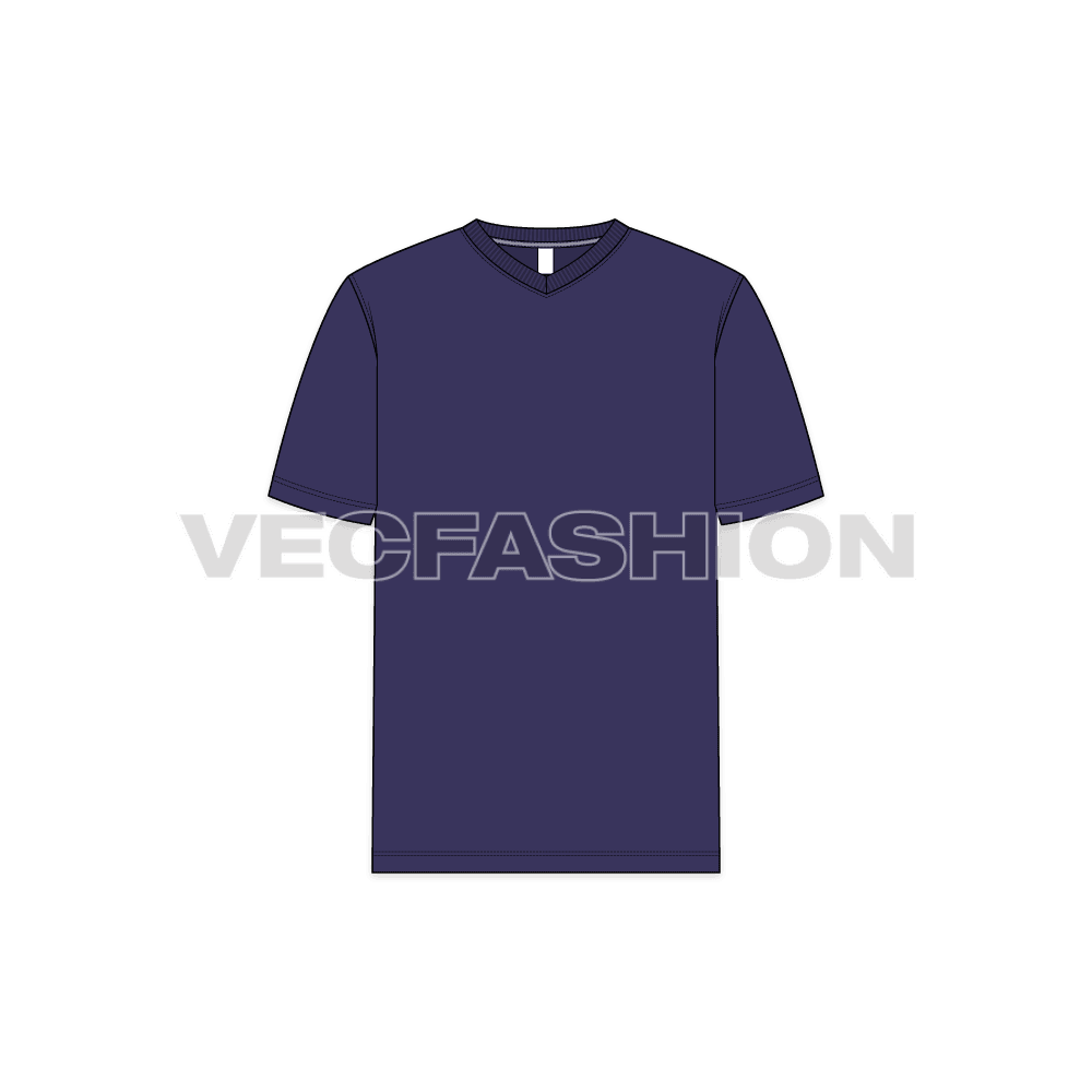 Mens purple v neck t-shirt flat sketch, front view
