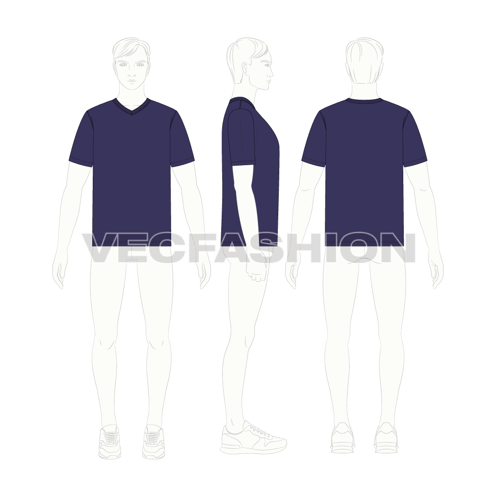 Mens purple v neck t-shirt flat sketch, croqui sketch