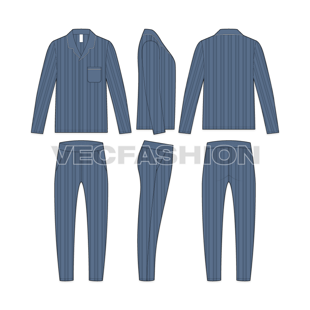 Mens pyjama shirt nightsuit flat sketch, showing all views, front, side and back