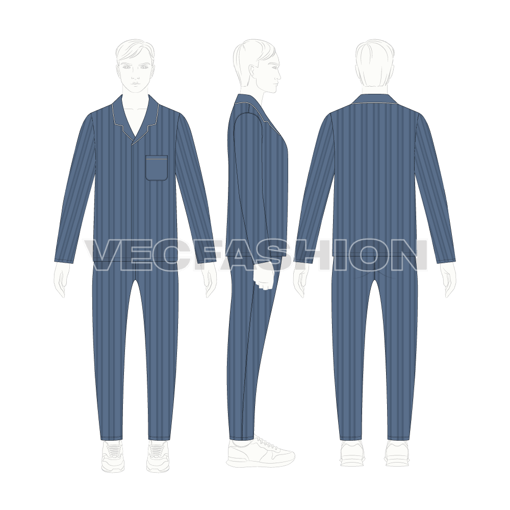Mens pyjama shirt nightsuit flat sketch, on croqui