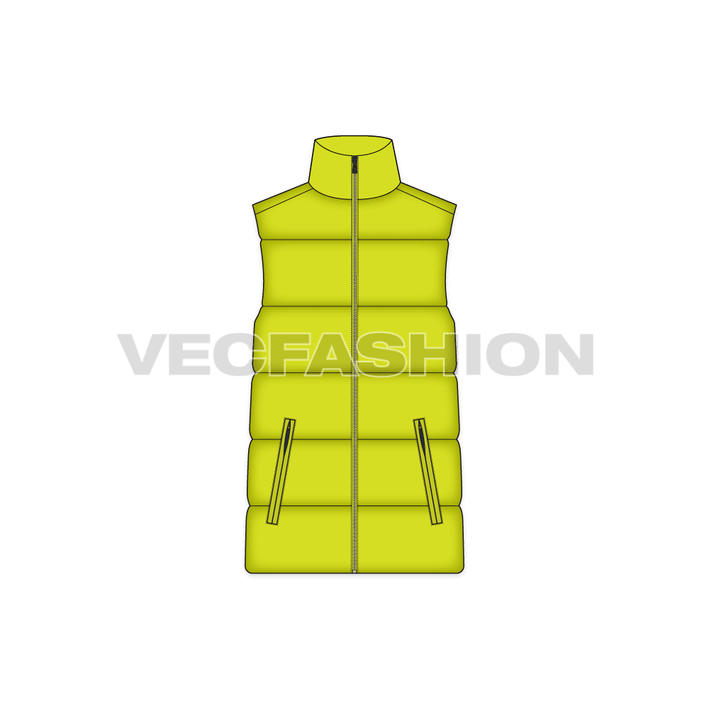 Mens quilted puffer vest flat sketch, front view