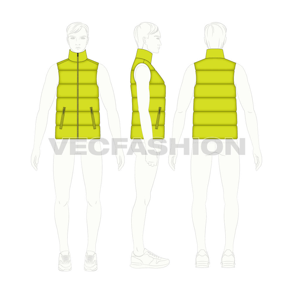 Mens quilted puffer vest flat sketch, croqui sketch