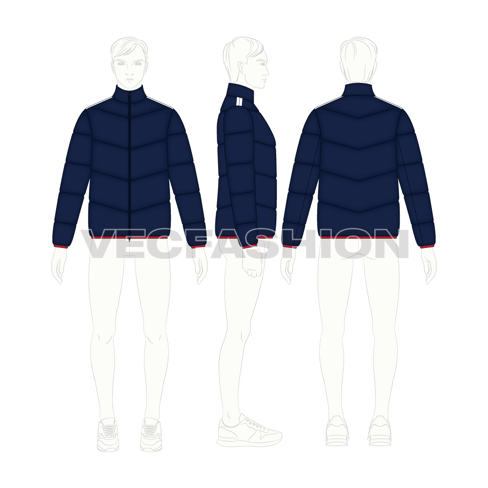 Mens Quilted Windbreaker Jacket flat sketch, croqui sketch