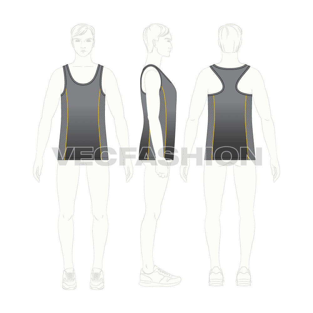 Mens racerback sport tank top flat sketch, croqui sketch
