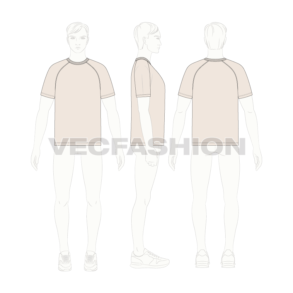Mens raglan sleeve t-shirt flat sketch, croqui sketch