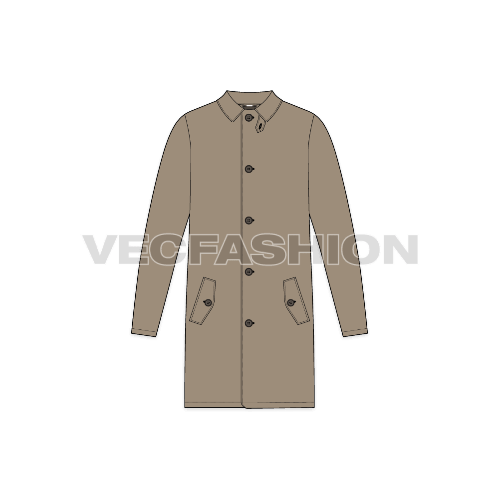 Mens Rain Coat or Mackintosh Coat Vector Template flat sketch, front view