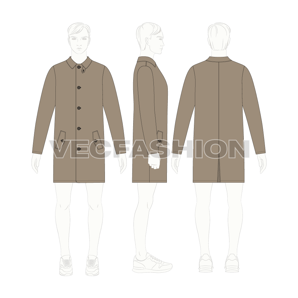 Mens Rain Coat or Mackintosh Coat Vector Template flat sketch, croqui sketch