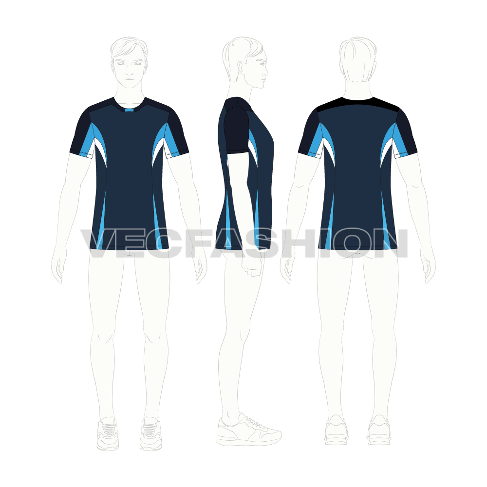 Mens rash guard sublimated t-shirt flat sketch, croqui sketch