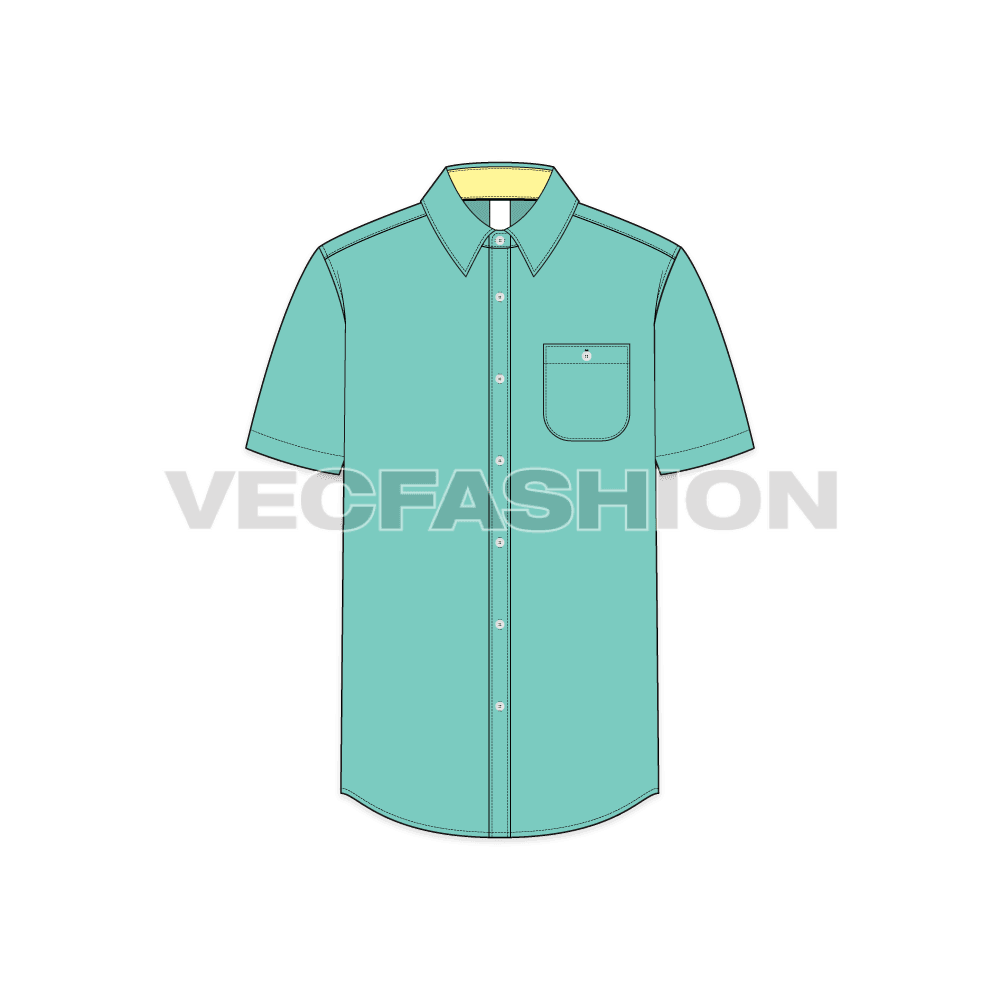 Mens regular fit casual shirt flat sketch, front view
