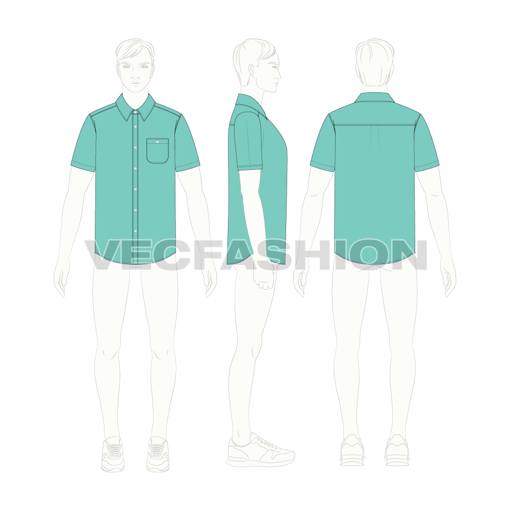 Mens regular fit casual shirt flat sketch, croqui sketch