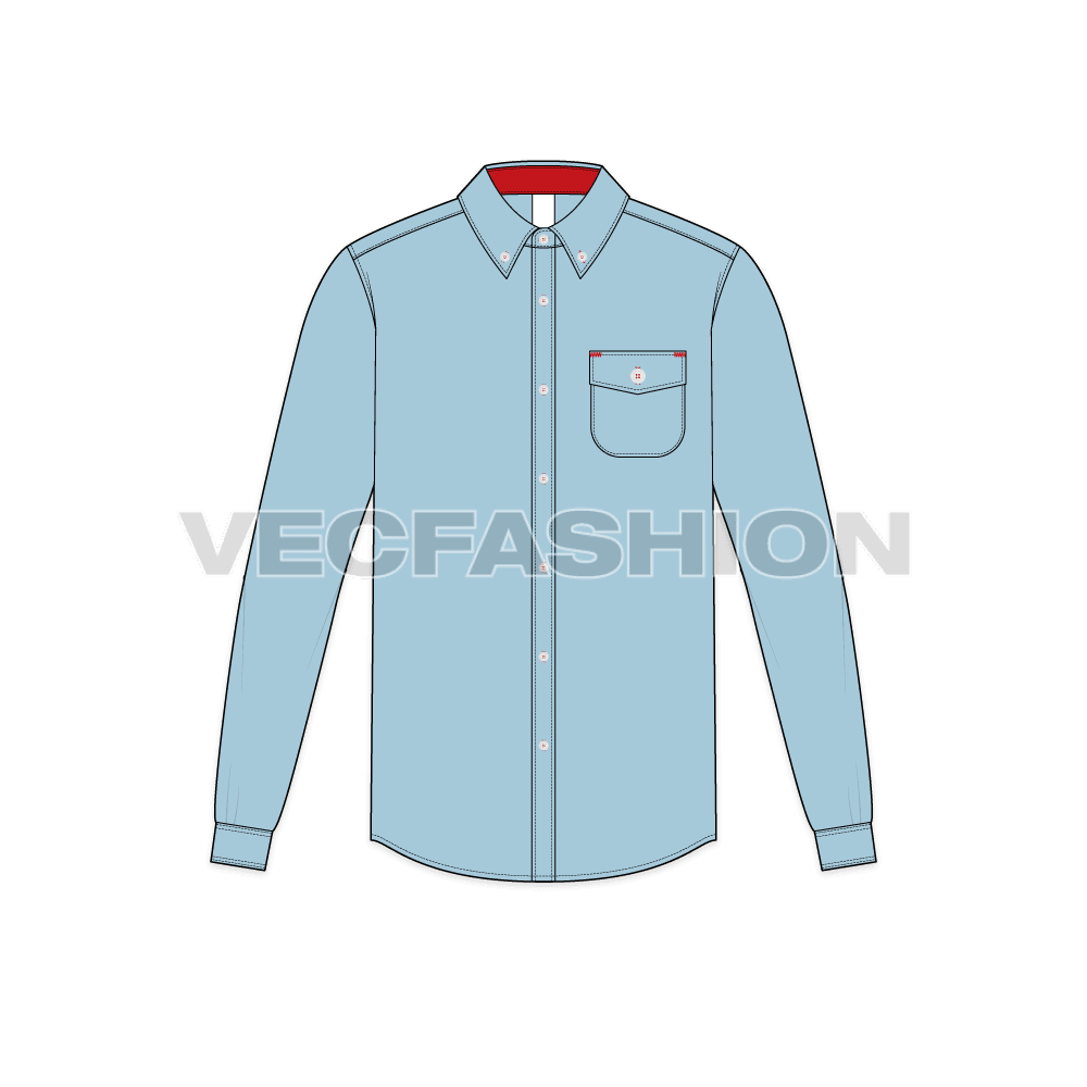 Mens regular fit classic oxford shirt flat sketch, front view