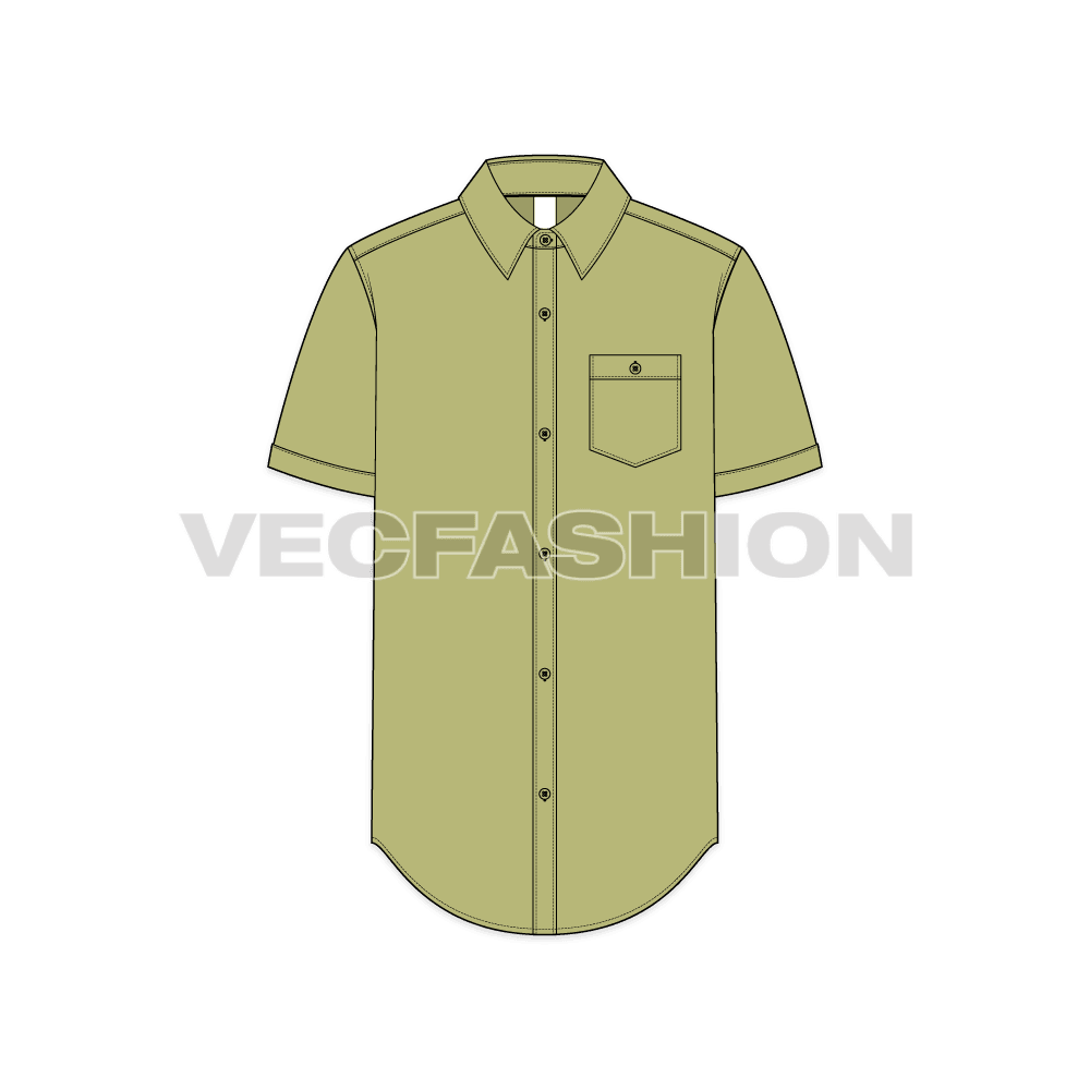 Mens regular fit shirt, short sleeved flat sketch, front view