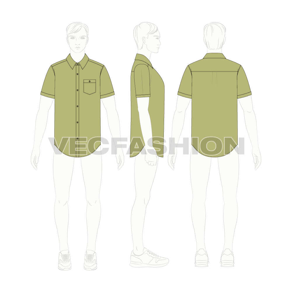 Mens regular fit shirt, short sleeved flat sketch, croqui sketch