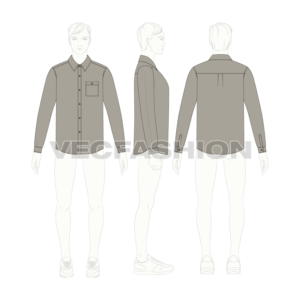 Mens regular fit shirt flat sketch, croqui sketch