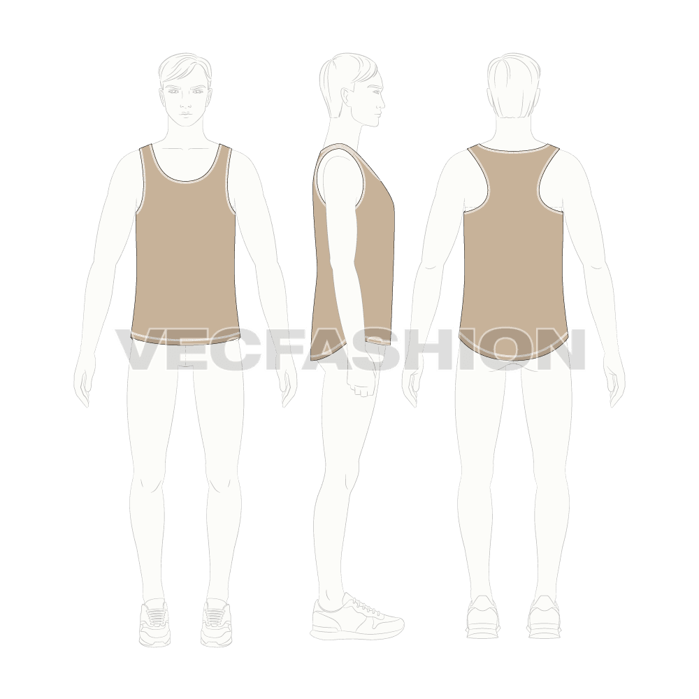 Mens relax fit racer-back tank flat sketch, croqui sketch