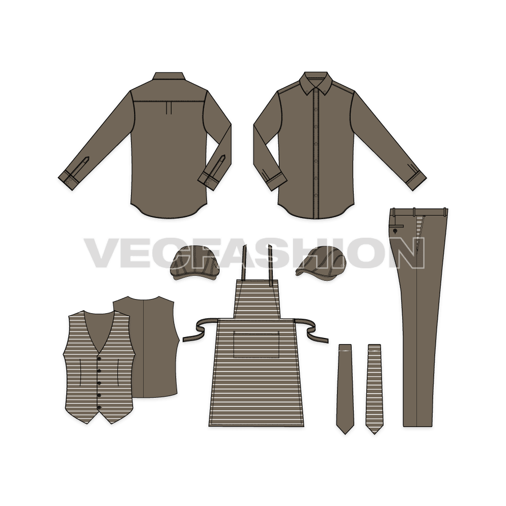 A simple vector set for mens fashion templates, especially designed for a Restaurant Theme for uniform purposes. These mens fashion templates will be suitable for many restaurant themes, can also be used for some traditional point of sales with some modifications on colors and patterns.
