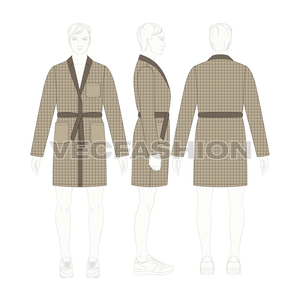 Mens robe loungewear flat sketch, croqui sketch