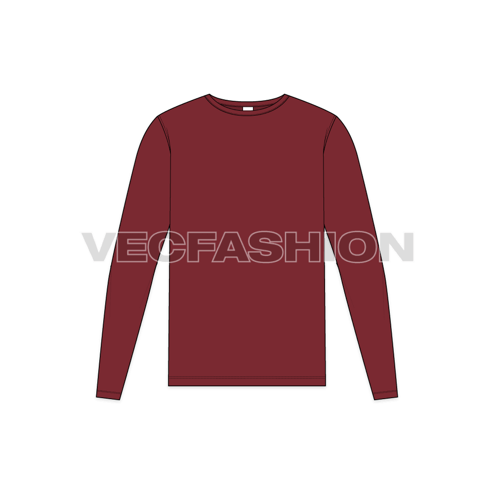 Mens round neck ringer shirt flat sketch, front view