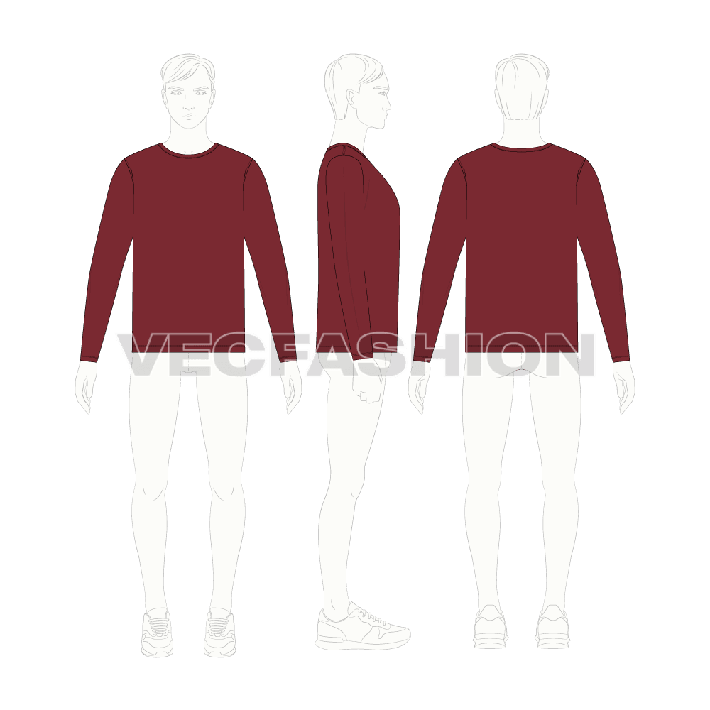Mens round neck ringer shirt flat sketch, croqui sketch