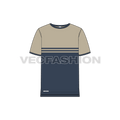 Mens round neck ringer tee, khaki midnight blue flat sketch, front view