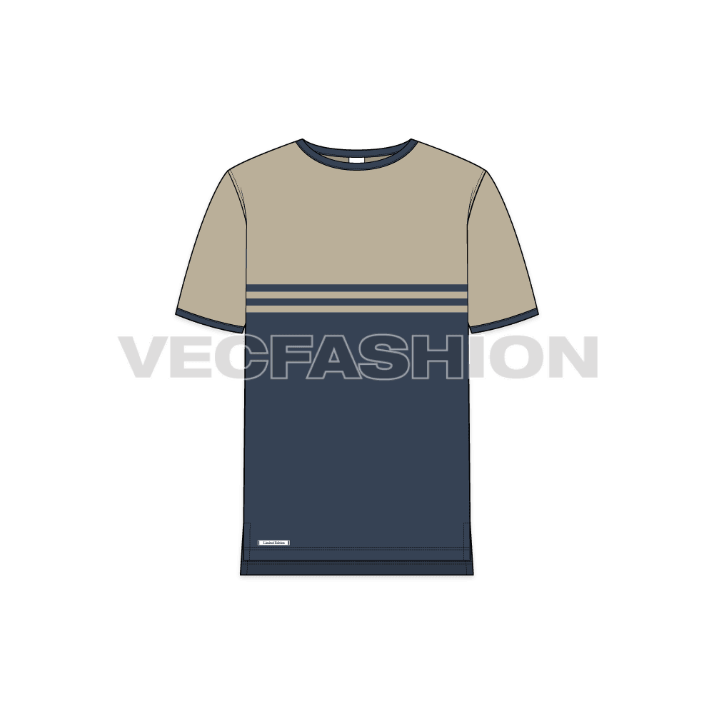 Mens round neck ringer tee, khaki midnight blue flat sketch, front view