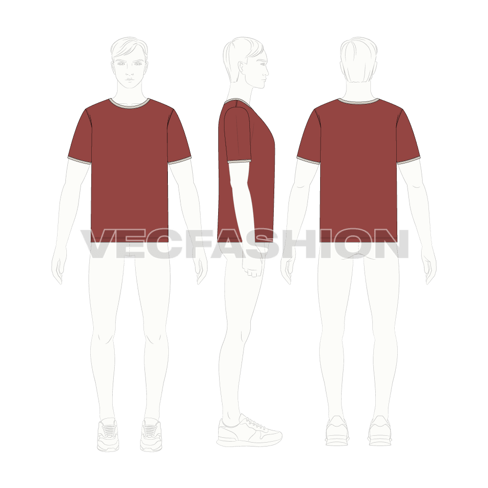 Mens round neck ringer tee flat sketch, croqui sketch