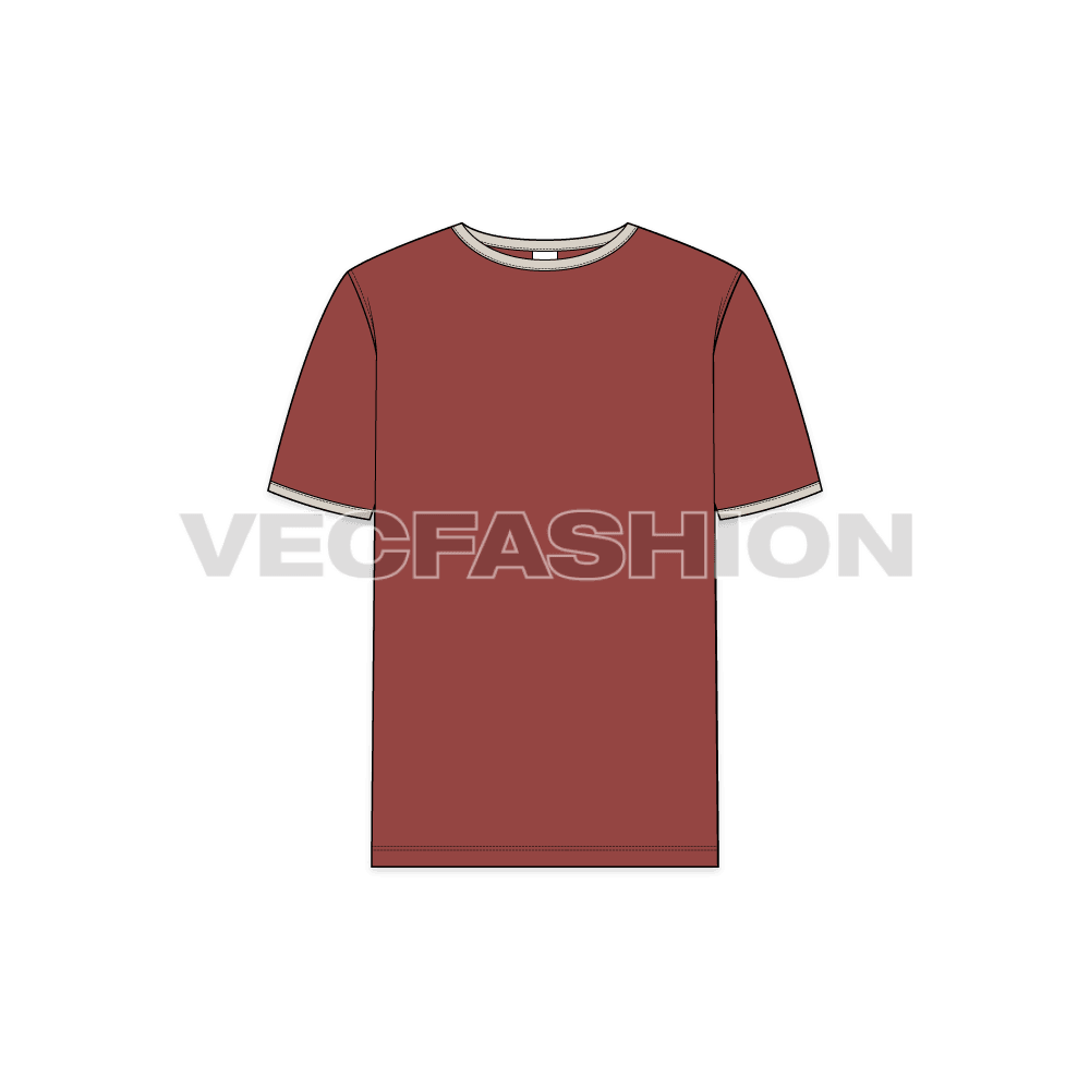 Mens round neck ringer tee flat sketch, front view