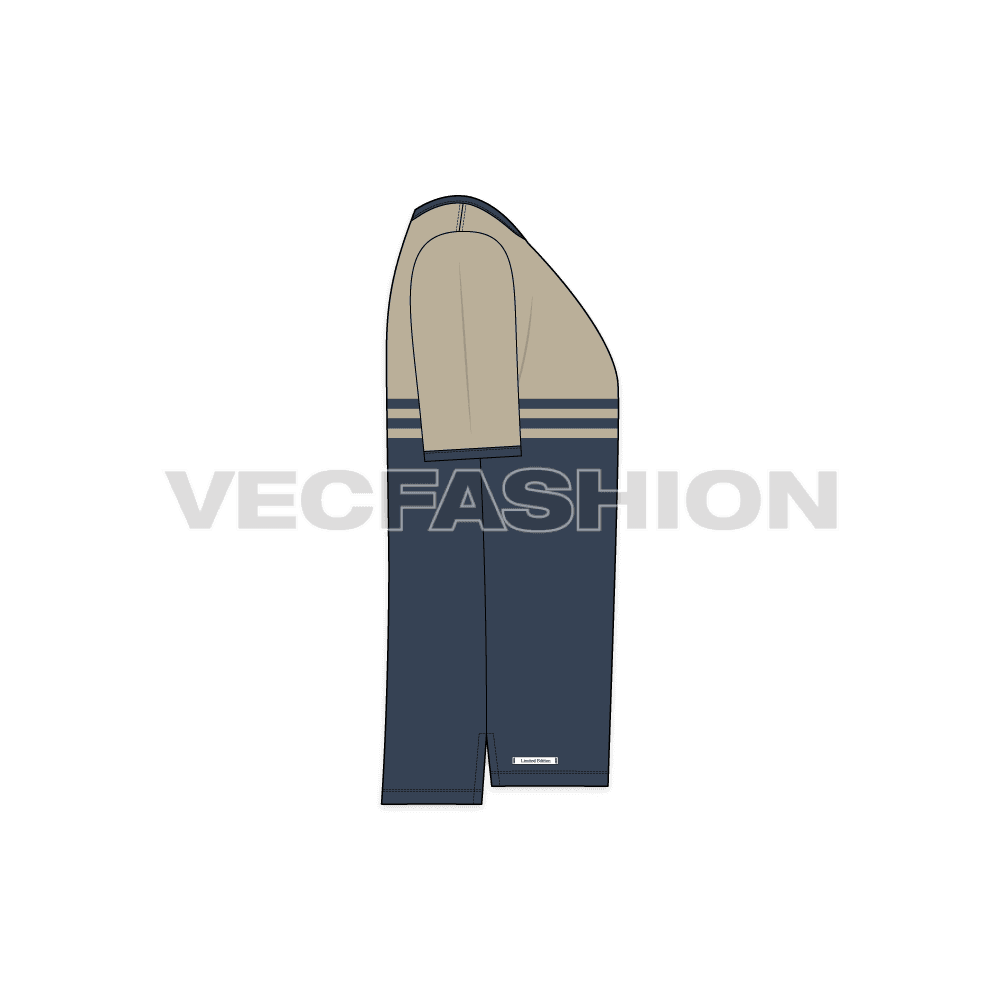 Mens round neck ringer tee, khaki midnight blue flat sketch, side view