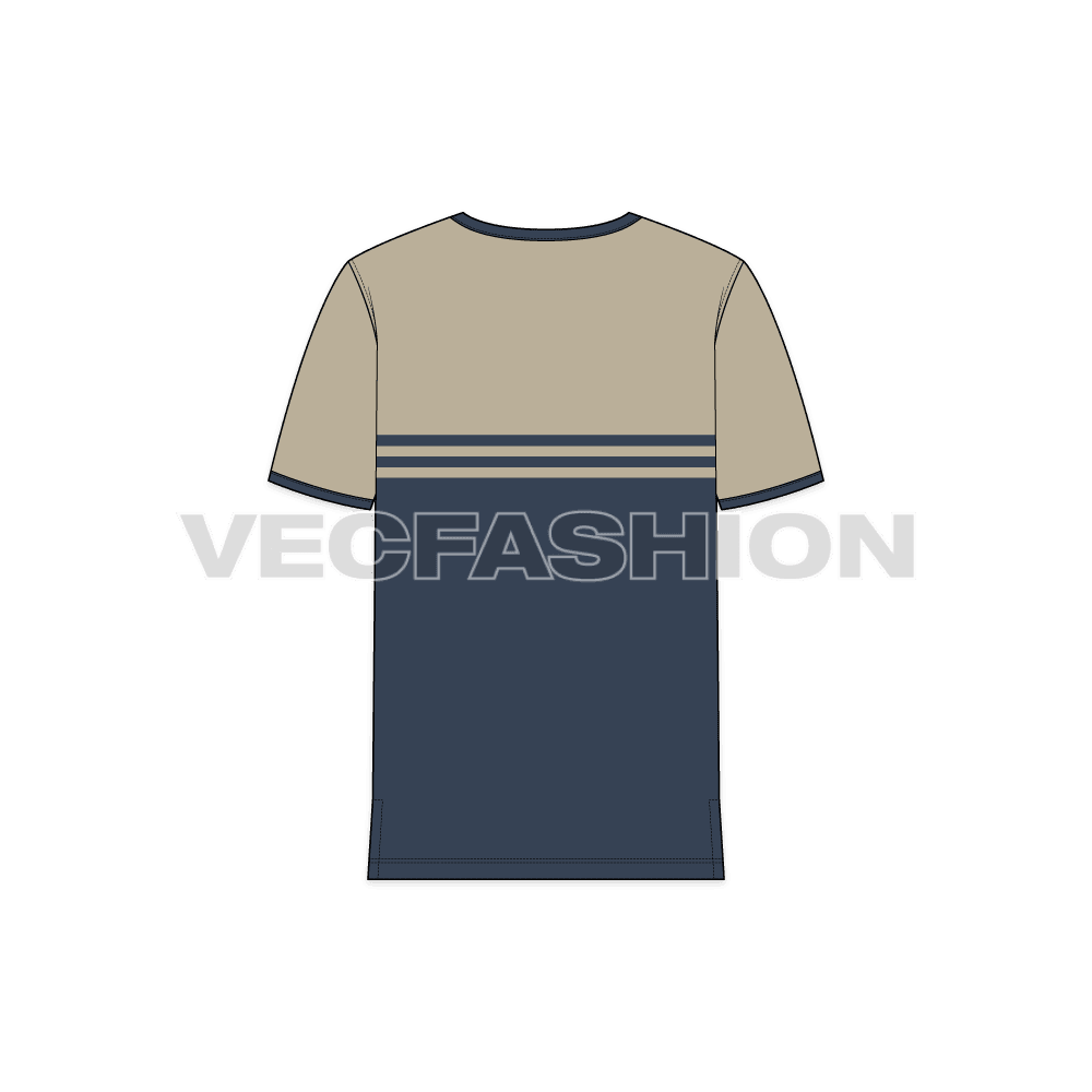 Mens round neck ringer tee, khaki midnight blue flat sketch, back view
