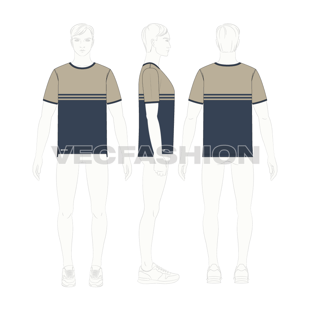 Mens round neck ringer tee, khaki midnight blue flat sketch, croqui sketch