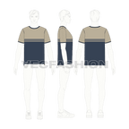 Mens round neck ringer tee, khaki midnight blue flat sketch, croqui sketch